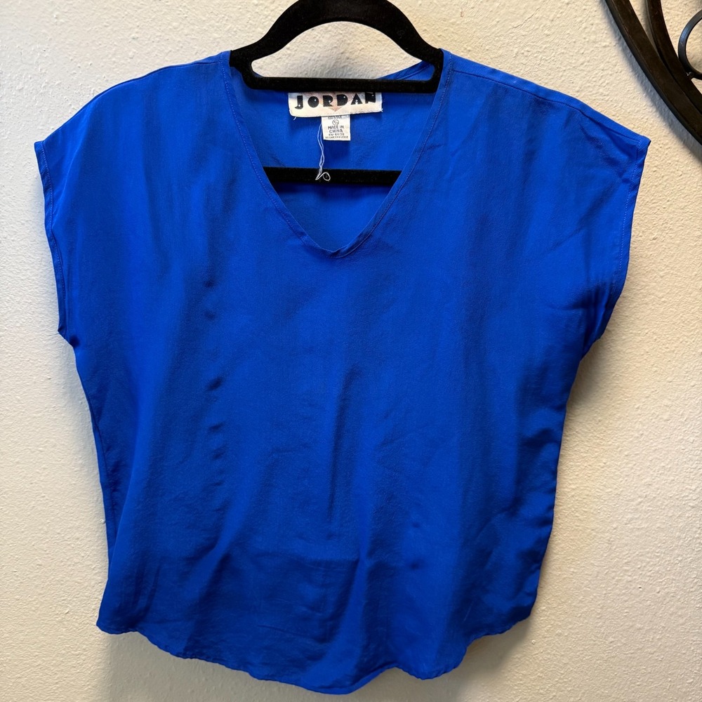 Vtg Jordan Women's 100% Silk Blouse Blue Minimalist 90s Chic Dolman Top sz 9/10